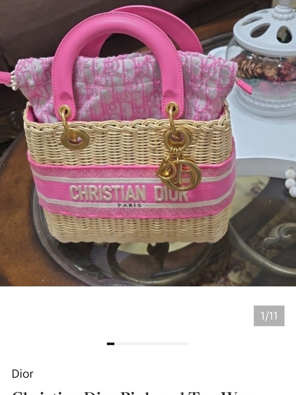 Wicker Tote Hand Bag Pink & Natural with Gold Charms